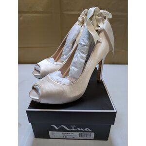 Nina Womens Karen LS Satin Open Toe Ankle Strap Classic Pumps, ivory, Size 7 M